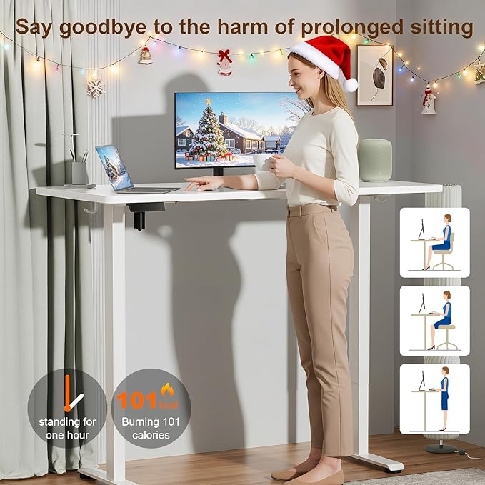 Veken 55 Inch Large Electric Standing Desk,Sit to Stand Up, Heights Adjustable, Work Home Office Computer Table for Study, Walking Pad, Writing, and Games, Wooden Desktop Desks, White