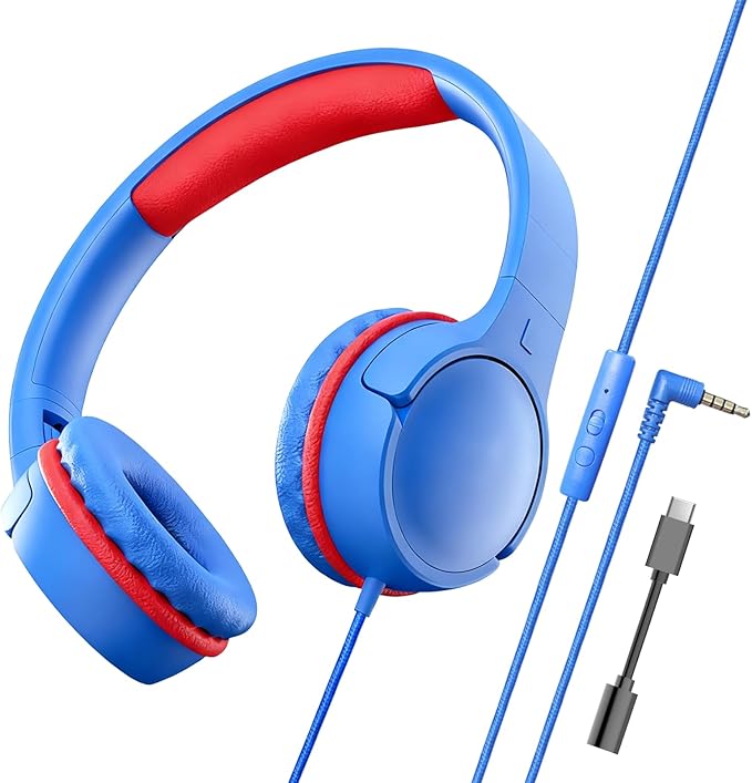 Children's Headphones with Microphone, Foldable 3.5mm Jack, USB-C Jack, Adjustable 85db/94db Volume, Suitable for Mobile Phones,Computers,Tablets,School,Airplanes,Travel (Blue and Red)