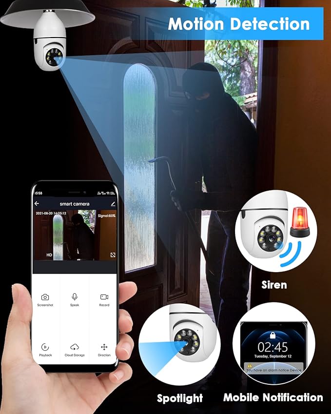 Light Bulb Security Camera Wireless Outdoor Indoor 2.4G WiFi Security Cameras for Home Security 360° PTZ Camera Motion Detection and Alarm Two-Way Audio Based E27 Light Bulb Socket