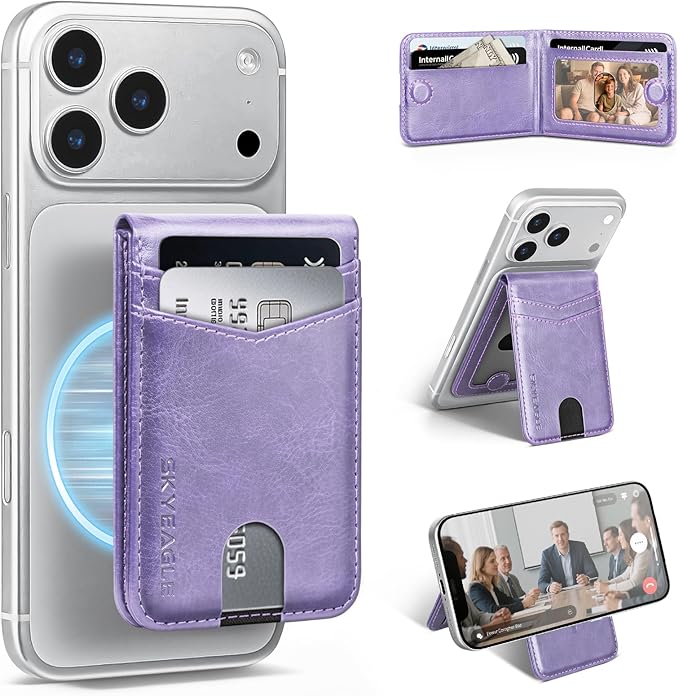 Compatible with Magsafe Case with Card Holder for Men Women Magnetic Ultra-Thin Wallet Bracket Adjustable Bracket for iPhone 17/16/15/14/13/12 Pro/Pro Max/PlusSeries,Light Purple