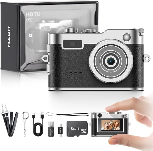 HOTU Mini Digital Camera, Keychain Camera 1080P HD with 2MP Lens, Flash, Video Recording, 8G Card Included, Portable and Compact Retro Vlog Camera for Travel, Kids, Black