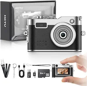 HOTU Mini Digital Camera, Keychain Camera 1080P HD with 2MP Lens, Flash, Video Recording, 8G Card Included, Portable and Compact Retro Vlog Camera for Travel, Kids, Black