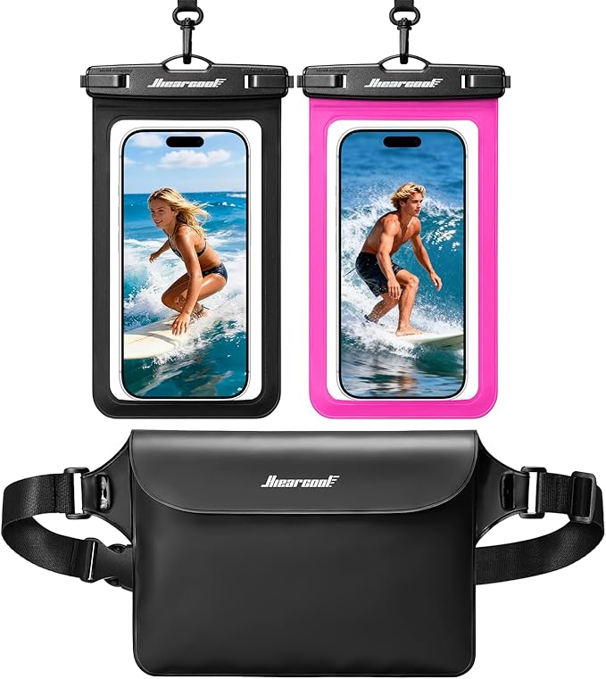 Hiearcool Waterproof Phone Pouch, IPX8 Waterproof Phone Case for iPhone 17 Pro Max, Cell Phone Dry Bag Plus Waterproof Fanny Pack Dry Bag with Privacy Front and Clear Back for Beach Cruise