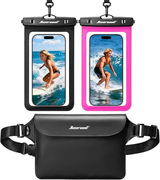 Hiearcool Waterproof Phone Pouch, IPX8 Waterproof Phone Case for iPhone 17 Pro Max, Cell Phone Dry Bag Plus Waterproof Fanny Pack Dry Bag with Privacy Front and Clear Back for Beach Cruise