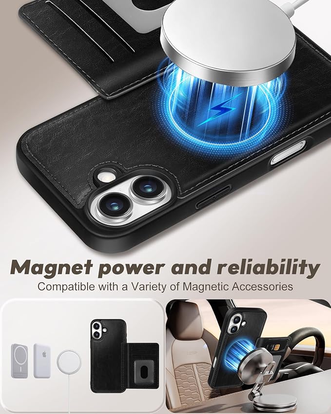 for iPhone 17 Case with Wallet - Fits 4 Card Slots, Compatible with MagSafe for Women Men Durable PU Leather Credit Card Holder Kickstand Phone Cover for Apple 17, Black