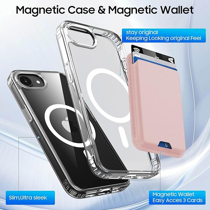 Magnetic for iPhone 17e Case & iPhone 16e Case Clear with Pink Detachable Wallet, Compatible with MagSafe, Military Protective Slim Phone Cover with Card Holder