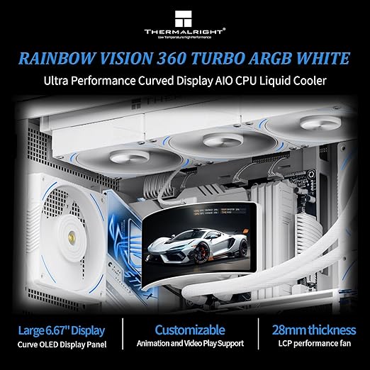 Thermalright Rainbow Vision 360 Turbo ARGB White 360mm Aio Cooler, 60HZ Curved Screen with 2400x1080 Resolution,for AM4/AM5,Intel LGA1851/1700,6.67in 3D with Magnetic Suction Screen,3000RPM Fan Speed