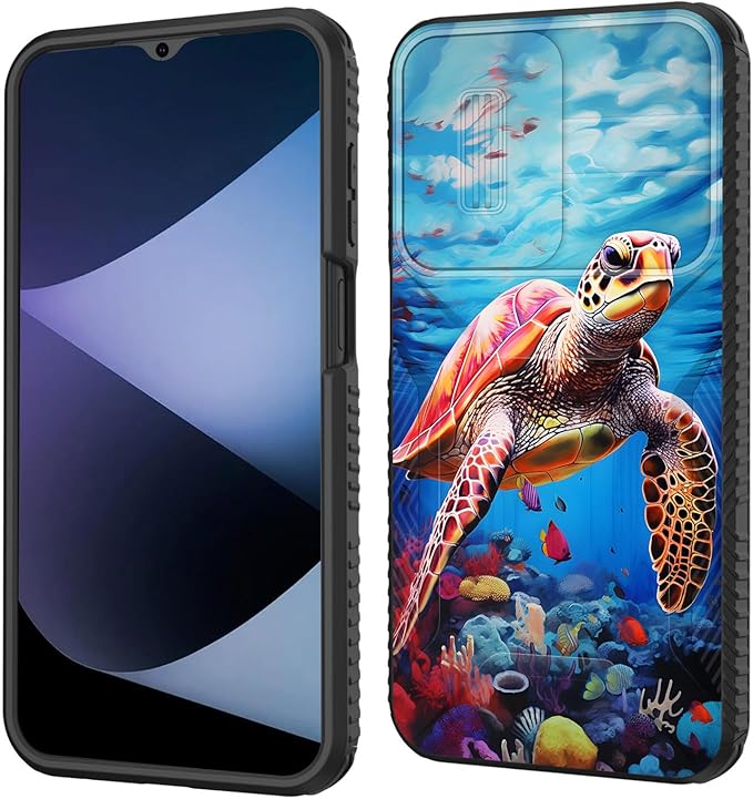 for Galaxy A15 5G Case Built in Slide Camera Lens Cover,Heavy Duty Shockproof Protection Dual Layer Case for Samsung Galaxy A15 5G 6.5 inch 2024,Sea Turtle Swimming Underwater