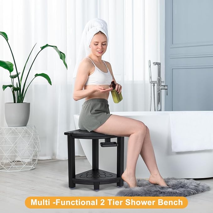 NALONE Corner Shower Stool, HDPE Shower Bench for Inside Shower, Small Shower Chair Seat for Shaving Legs with Storage Shelf, Soap Box and No-Slip Feet (Black)