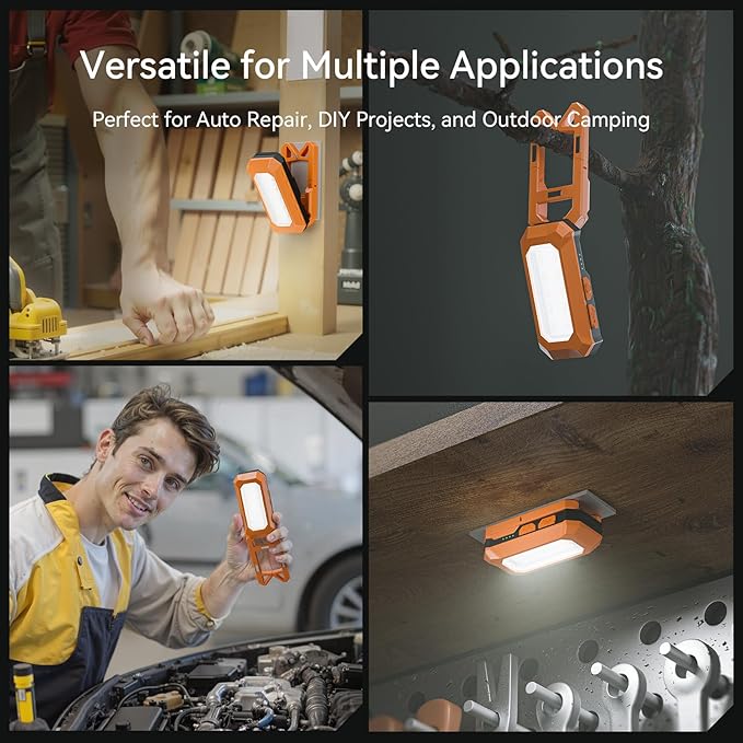 Rechargeable LED Work Light Cordless, 3000K-6500K CCT 500 Lumen, 40Hour Max, Adjustable 180° Stand IP54 Waterproof Compact Portable Job Site Lighting for Auto Repair DIY Outdoor Camping, Gift for Man