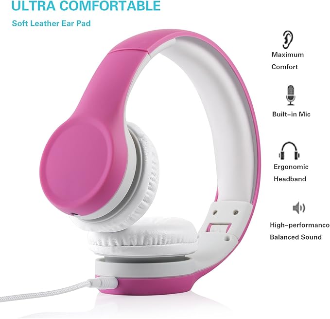 Kids Headphones with Cord, Toddler Headphones with Sharing Function, 85dB/93dB Safe Volume Limit, for Toddler Children Baby Boys Girls On-line Study, School, Travel use (Pink)