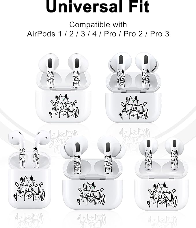 ROCKMAX for Black AirPods Cat Skin Set, Earbud + Charging Case Stickers with Applicator & Spare, Universal Fit for AirPods 1/2/3/4 & Pro/Pro 2/Pro 3, Sweat-Resistant, Removable