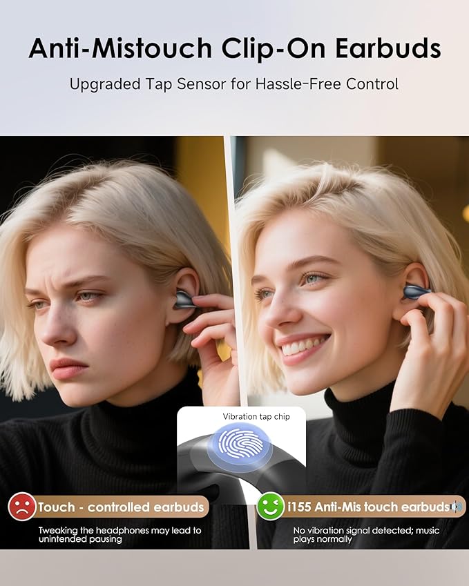 King Lucky Clip-On Earbuds,Comfort Air Cushion Open Ear Earbuds Wireless Bluetooth 5.4 Multipoint, Open Ear Headphones with Mic,Anti-Mistouch,45H Playtime,IP56 Waterproof for Sports,Small Ears&Sleep