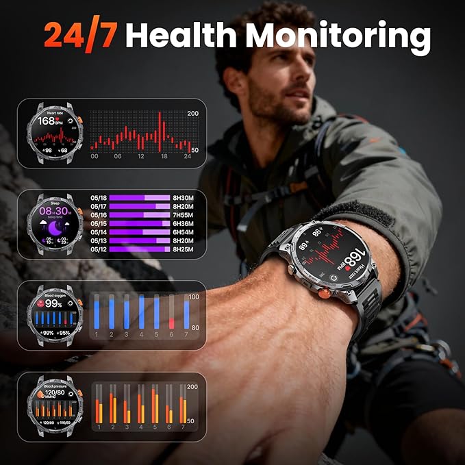 Military Smart Watches for Men,1.75″ Smartwatch with 100-Day Ultra-Long Battery/Flashlight,Fitness Watch for Heart Rate/Sleep/Calling/110+ Sports Mode Smart Watch for Android iOS 1000 mAh