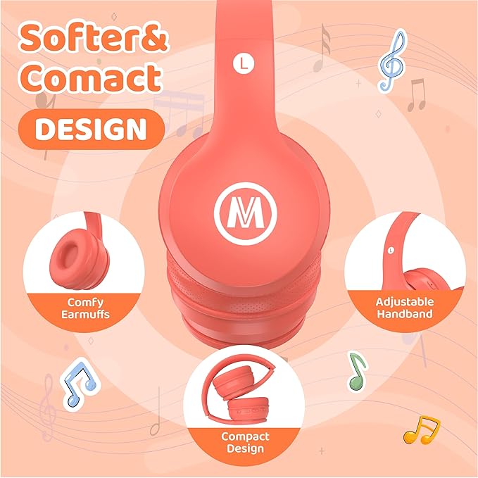 Headphones Kids Bluetooth 5.4 Wireless Play Time 68H Safe Volume Limit 85/94dB Over-Ear Foldable Headset,Fast Charging,with Aux Cord Built-in Mic for Toddler Child Pad Study Tablet Coral