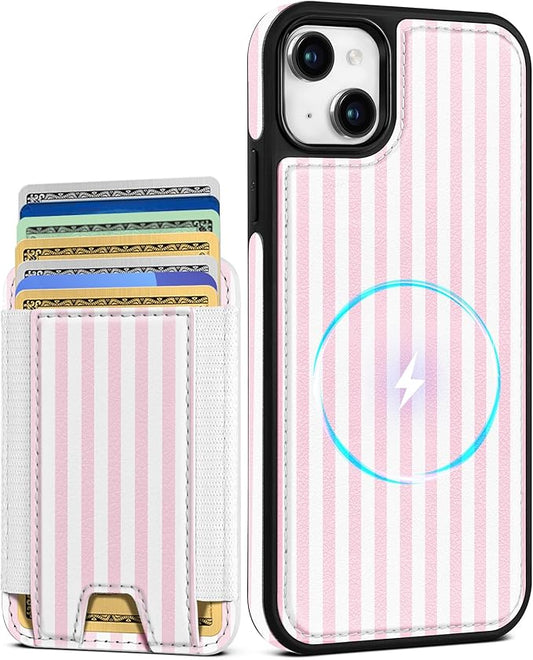 Shorogyt for iPhone 14 Plus Wallet Case - Fits 5 Cards, Compatible with Magsafe Detachable Magnetic Credit Card Holder Leather Cardholder Cute Phone Cover Women Girls for Apple 14Plus, Striped