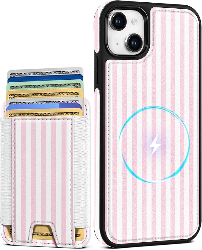 Shorogyt for iPhone 15 Wallet Case - Fits 5 Cards, Compatible with Magsafe Detachable Magnetic Credit Card Holder Leather Cardholder Cute Phone Cover Women Girls for Apple 15, Striped