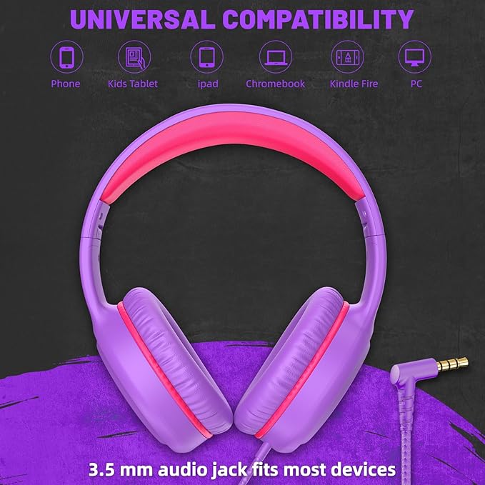 Purple Wired Headphones for Boys Portable On Ear Youth Headphones for School Airplane Travel Lightweight Portable Compatible with Pad Computer Laptop for Adults Student Children Girls Kids