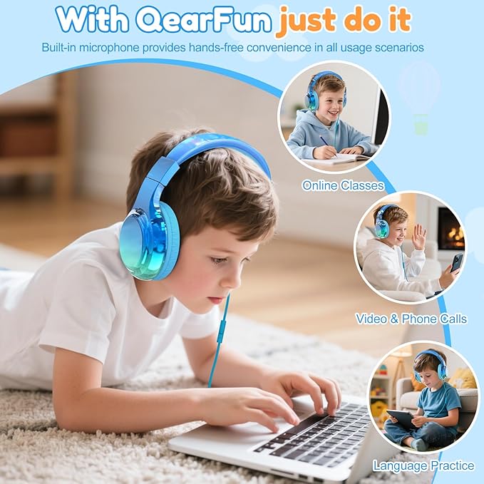 QearFun USB C Kids Headphones Wired with Mic, 85/94dB Safe Volume Limit, Foldable Over Ear, Tangle-Free Cord & Sharing Port, Wired On-Ear Headset for School, Chromebook, Tablet, Travel-Boys & Girls