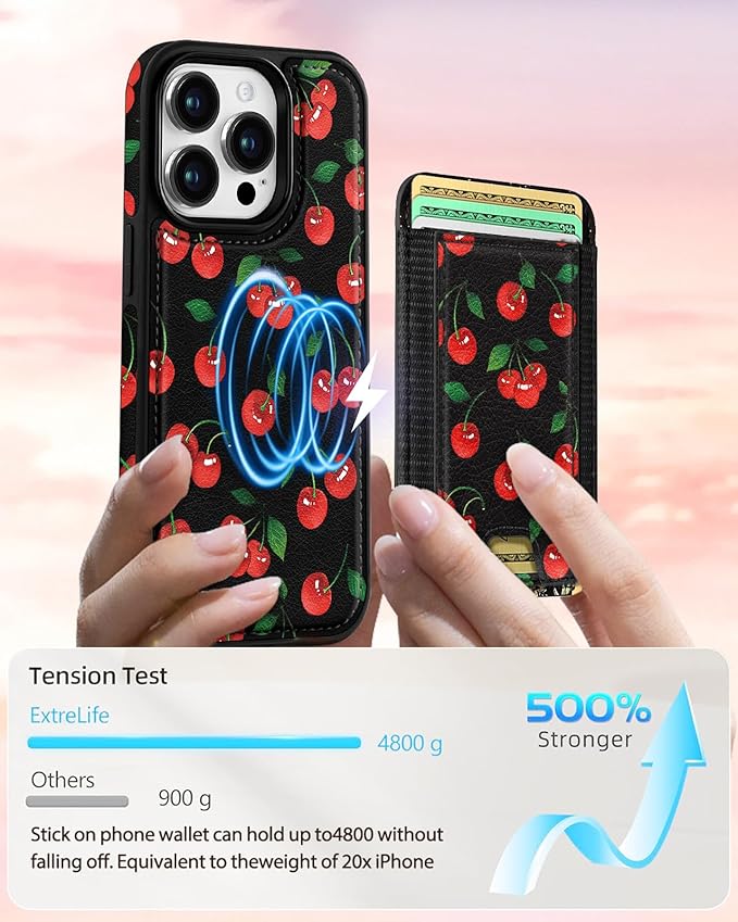 Shorogyt for iPhone 14 Pro Case Wallet - Fits 5 Cards, Compatible with Magsafe Detachable Magnetic Credit Card Holder Leather Cardholder Cute Phone Cover Women Girls for Apple 14Pro, Cherry