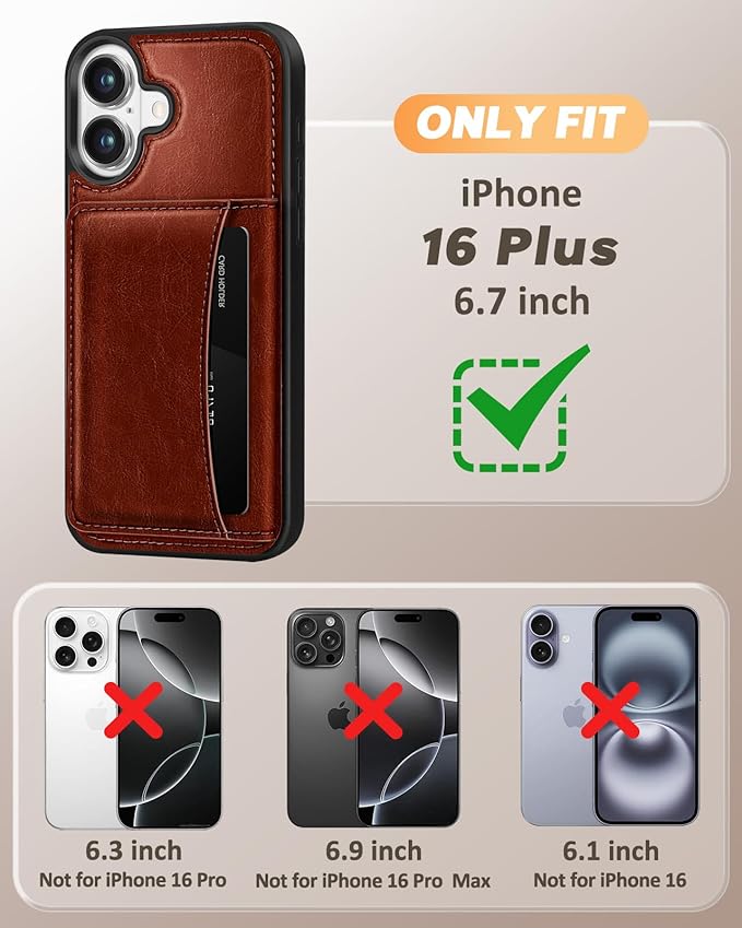 for iPhone 16 Plus Case with Wallet - Fits 4 Card Slots, Compatible with MagSafe for Women Men Aesthetic Durable PU Leather Credit Card Holder Kickstand Phone Cover for Apple 16 Plus, Brown