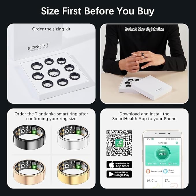 Ring Health Tracker for Women Men, Fit Ring with Heart Rate, Blood Oxygen, Sleep Monitor, Calories, Step Counter, IP68 Waterproof Smart Ring for iPhone & Android, No Subscription Fee (Silver, 9#)