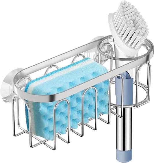 Yazoni 2-in-1 Sponge Holder for Kitchen Sink, Suction Cup Kitchen Caddy, No Drill Rustproof Sink Organizer for Place Dishwashing Brush Soap and Sponge (Silver)