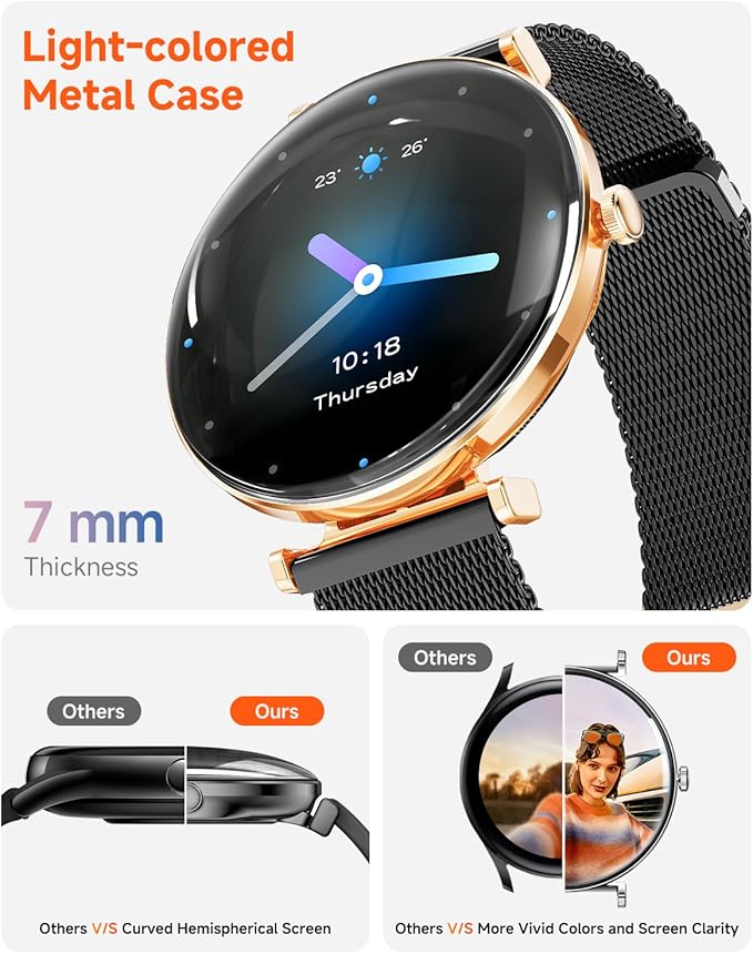 Smart Watches for Women Men[Calls/2 Bands/Metal Thin Body] for Android iPhone Samsung Compatible,1.43" Micro-Spherical AMOLED Screen,IP68 Waterproof Sports Watch (Black-Gold)