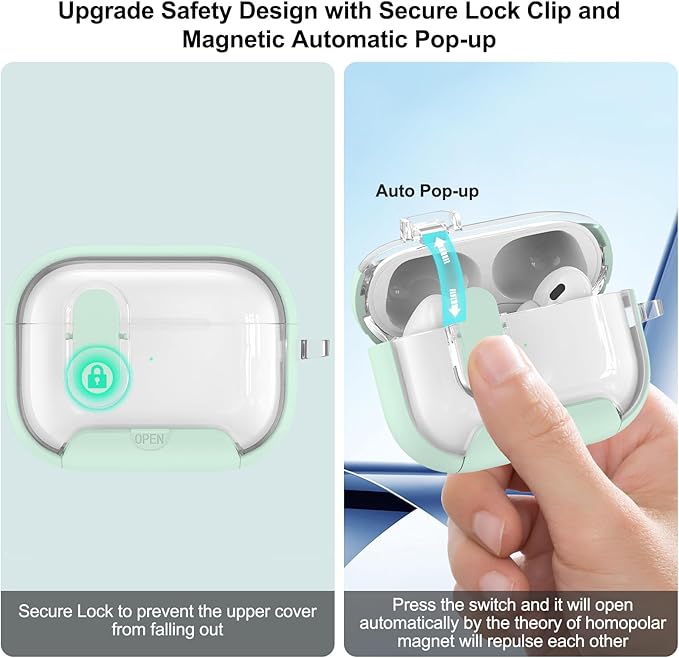 for Airpods Pro 3 Case Clear,Secure Lock for Airpods pro 3rd Generation Case Cover with Phone Stand and Magsafe Function,Auto Pop-up,Hybrid Protection Design with Carabiner&Cleaning Pen-Green
