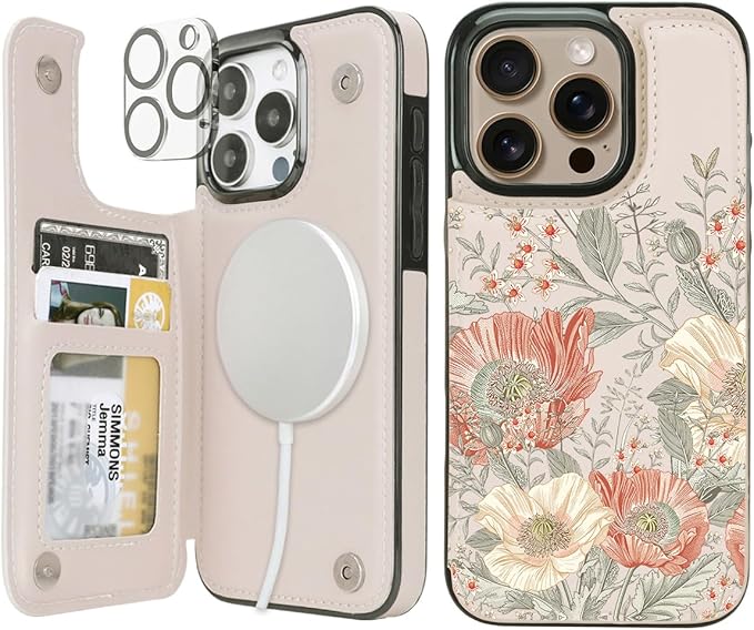 uCOLOR for iPhone 14 Pro 6.1" Wallet Case Magsafe with Card Holder Slot【Compatible with MagSafe】 Folio Flip PU Leather Double Magnetic RFID Design with Camera Lens Protector (Pink Vintage Flowers)