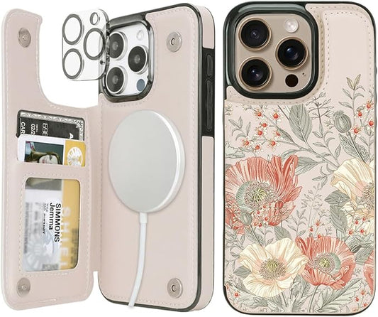 uCOLOR for iPhone 14 Pro 6.1" Wallet Case Magsafe with Card Holder Slot【Compatible with MagSafe】 Folio Flip PU Leather Double Magnetic RFID Design with Camera Lens Protector (Pink Vintage Flowers)