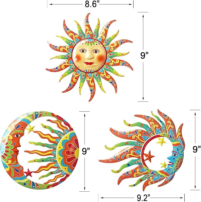 Limygus 3D Printed Sun Moon Metal Wall Art - Rust Colored Rust Proof Wall Sculpture Set of 3 for Indoor & Outdoor Decor for Bedroom, Garden, Patio, Farmhouse