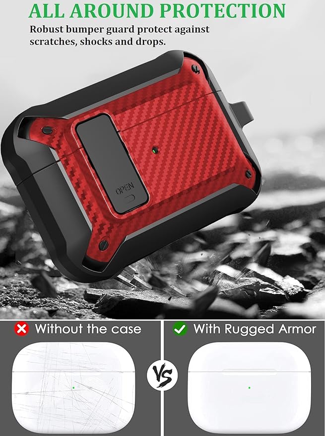 for Airpods Pro 3 Case with Lock Clip, Rugged Apple Airpods Pro 3rd Generation Cover 2025 Men Women, Armor Shockproof iPod Pro3 Gen Protective Hard Shell with Carabiner&Cleaner kit,CF Black/Red