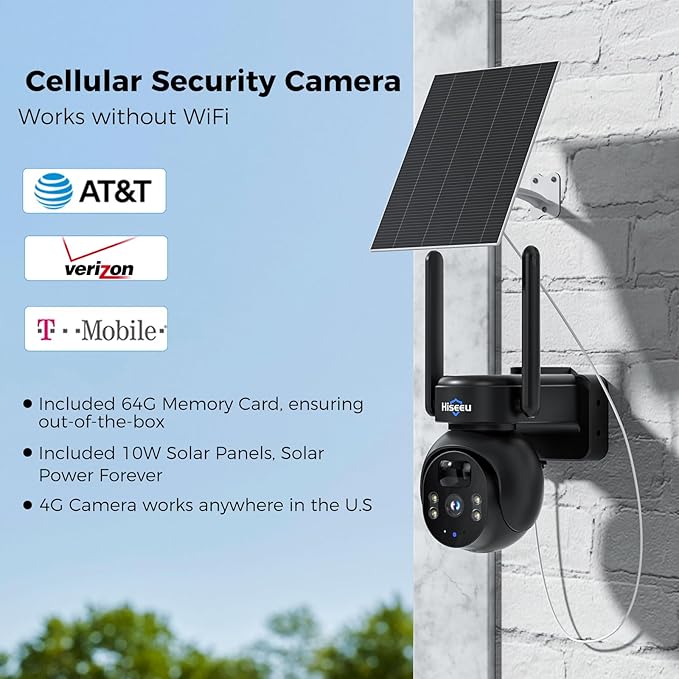 Hiseeu 4G LTE Cellular Security Camera Solar Powered, No WiFi Security Camera Wireless Outdoor, 24/7, PIR Motion, 2 Way Talk, 360° PT, 2K Color Night Vision, 64G SD & SIM Card Included