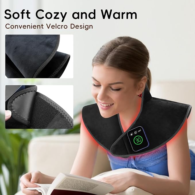 Cordless Infrared Red Light Therapy for Neck Shoulders Pain Relief, 5000mAh 850nm Near-Infra Device for Upper Back Body with Timer, 660nm Wearable Heating Pad for Women Men Elderly Relaxation