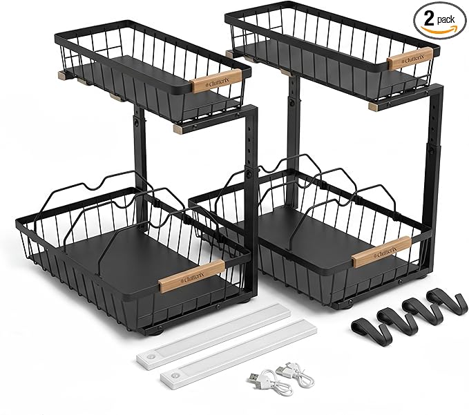 Under Sink Organizer, 2 Pack, 2 Tier Sliding L-Shaped Carbon Steel Rack with Adjustable Height, Motion-Activated LED Lights, Dividers & Hooks (Black)