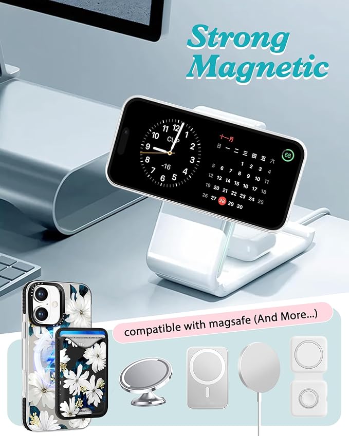 Toycamp for iPhone 17 Case - Compatible with Magsafe Credit Card Holder Wallet Magnetic Cute Women Teen Girls Kawaii Girly Unique White Flower Design Phone Cover for Apple 17 Air