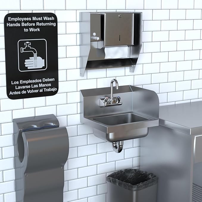 Stainless Steel Hand Sink with Right Side Splash Guard 15” x 17” | Commercial Wall Mount Hand Basin with Gooseneck Faucet, Strainer, Back Splash | NSF Certified