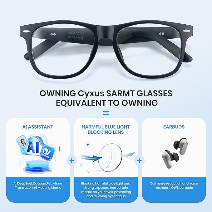 Cyxus AI Smart Glasses for Business Meetings - Real-Time Transcription Bilingual Translation & Bluetooth Audio Lightweight All-Day Wear AI8284