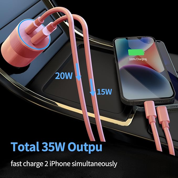 35W USB C Fast Car Charger [Apple MFi Certified] Compatible with iPhone 14 Pro/14 Pro Max/14+/13/12/11/Mini/XS/XR/8, 20W PD3.0 Rapid Charging Adapter + 3Ft Type C to Lightning Cable - Pink