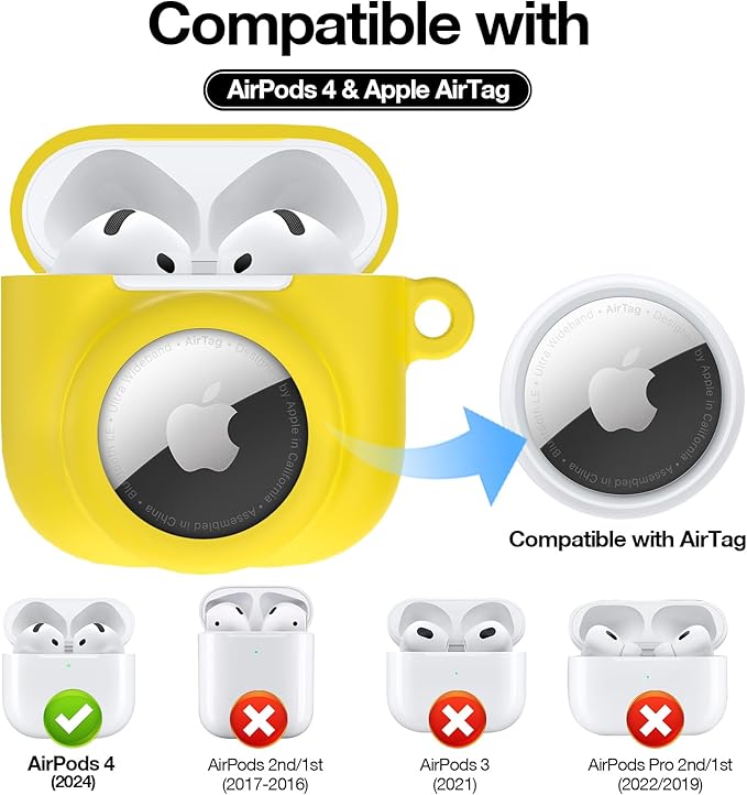 2 in 1 Silicone Case Compatible with AirPod 4 and AirTag 2/1, Shockproof Protective Skin Cover for AirPods 4th Generation with Cleaner Kit & Carabiner (Yellow)