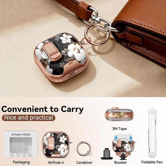 for AirPods 4 Case, with Safty Lock & Phone Stand for Floral AirPods 4th Generation Case Cover for Women Girly, iPod 4 Case with Keychain & Cleaner Kit - Black Gold Flower