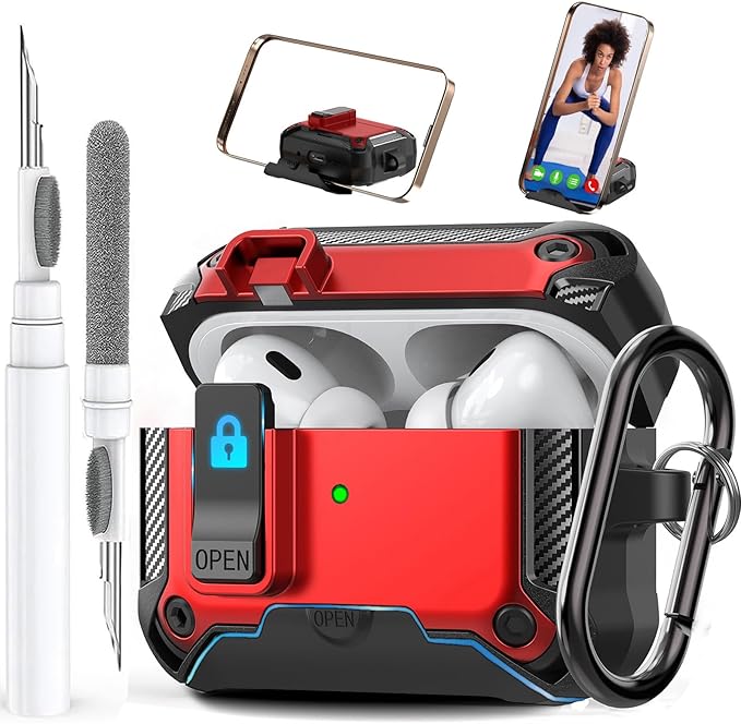 for Airpods Pro 2/1 Gen Case Cover with Lock&Phone Stand (2019/2022/2023), Rugged Case for Airpod Pro 2nd/1st Generation Shockproof Armor Protective Skin for Apple iPod Pro, Black/Red