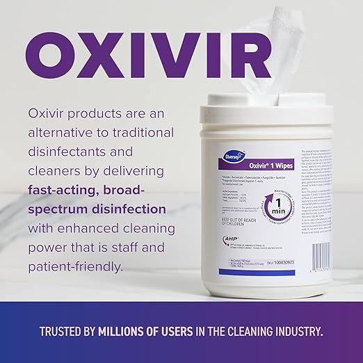 Oxivir Diversey 1 100850923 Disinfectant Cleaning Wipes, Pre-Moistened with Accelerated Hydrogen Peroxide AHP, Unscented, 160 Standard 6x7-Inch Wipes, 1-Canister