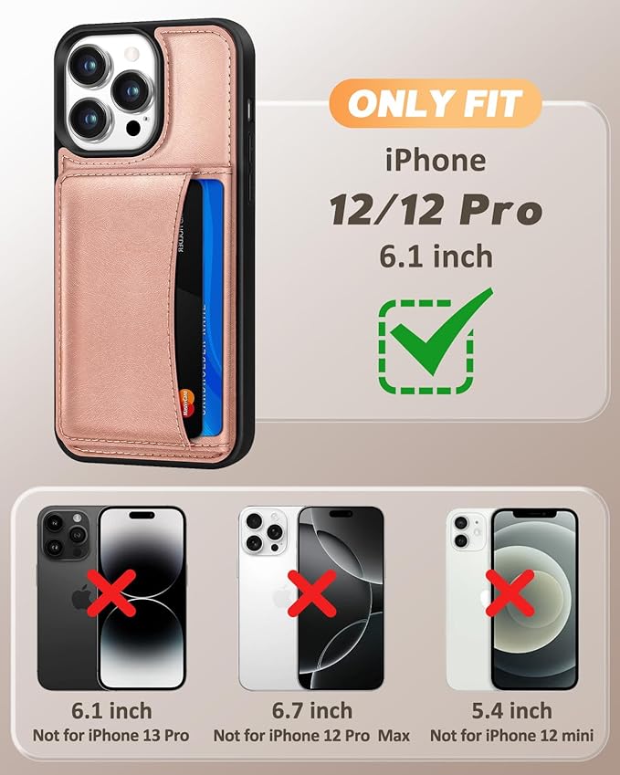 for iPhone 12/12 Pro Case with Wallet - Fits 4 Card Slots,Compatible with MagSafe for Women Aesthetic Durable PU Leather Credit Card Holder Kickstand Phone Cover for Apple 12/12 Pro, Rose Gold