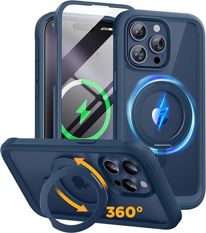 Miracase for iPhone 15 Pro Max Case with 360° Magnetic Ring Stand [Compatible with Magsafe] Full-Body Drop Proof Bumper Phone Case with Built-in 9H Tempered Glass Screen Protector,Blue