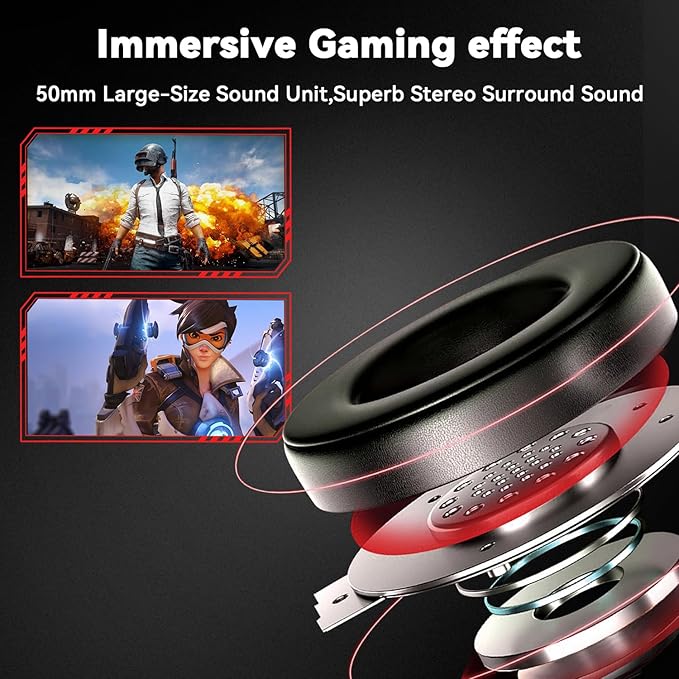 Gaming Headset for PC/PS4/PS5/Xbox One/Switch, Stereo Surround Sound Gaming Headphones with Noise Canceling Flexible Mic, Computer Headset with 3.5mm Jack & RGB Light(Red)