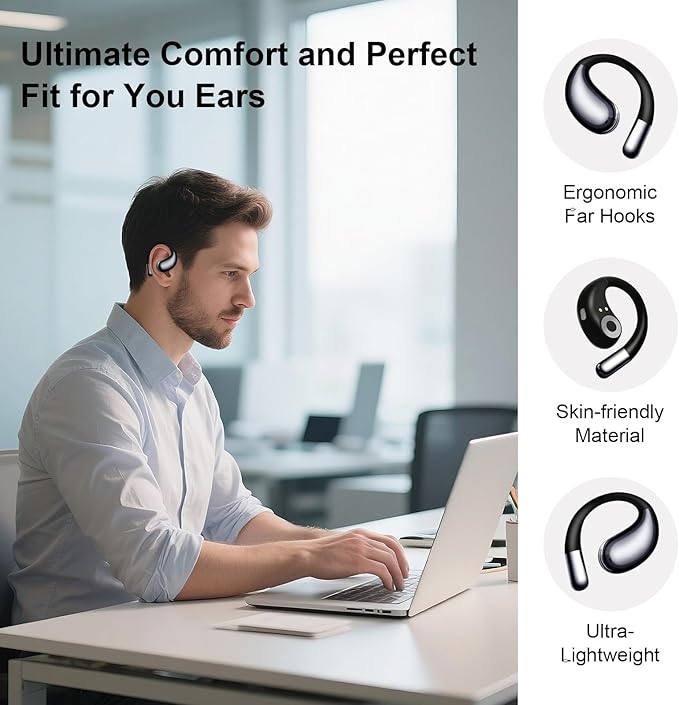 Wireless Earbuds,Open Ear Earbuds - Bone Conduction Headphones,Running Headphones,Waterproof Deep Bass Earphones for Fitness and Running, Sports Headphones,Sweat-Resistant for Workouts (Black)