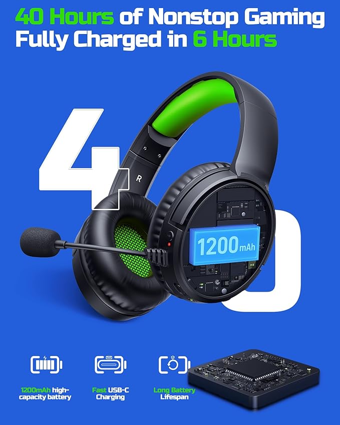 BINNUNE Wireless Gaming Headset — 2.4GHz Low-Latency USB Dongle + Bluetooth, 50mm Drivers 7.1 Surround, Noise-Cancelling Mic, 40H Battery — Over Ear Wireless Headphones for PS5, PC, Laptop, Green