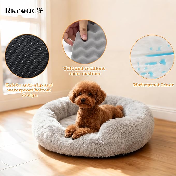 Fluffy Dog Bed Calming Donut Beds for Large Dogs Warming Round Small Medium Pet Nest Cozy Cat Mattress Indoor Washable Puppy Kennel Kittens Sleep Mat (XS, 20×20 inch, Light Gray)